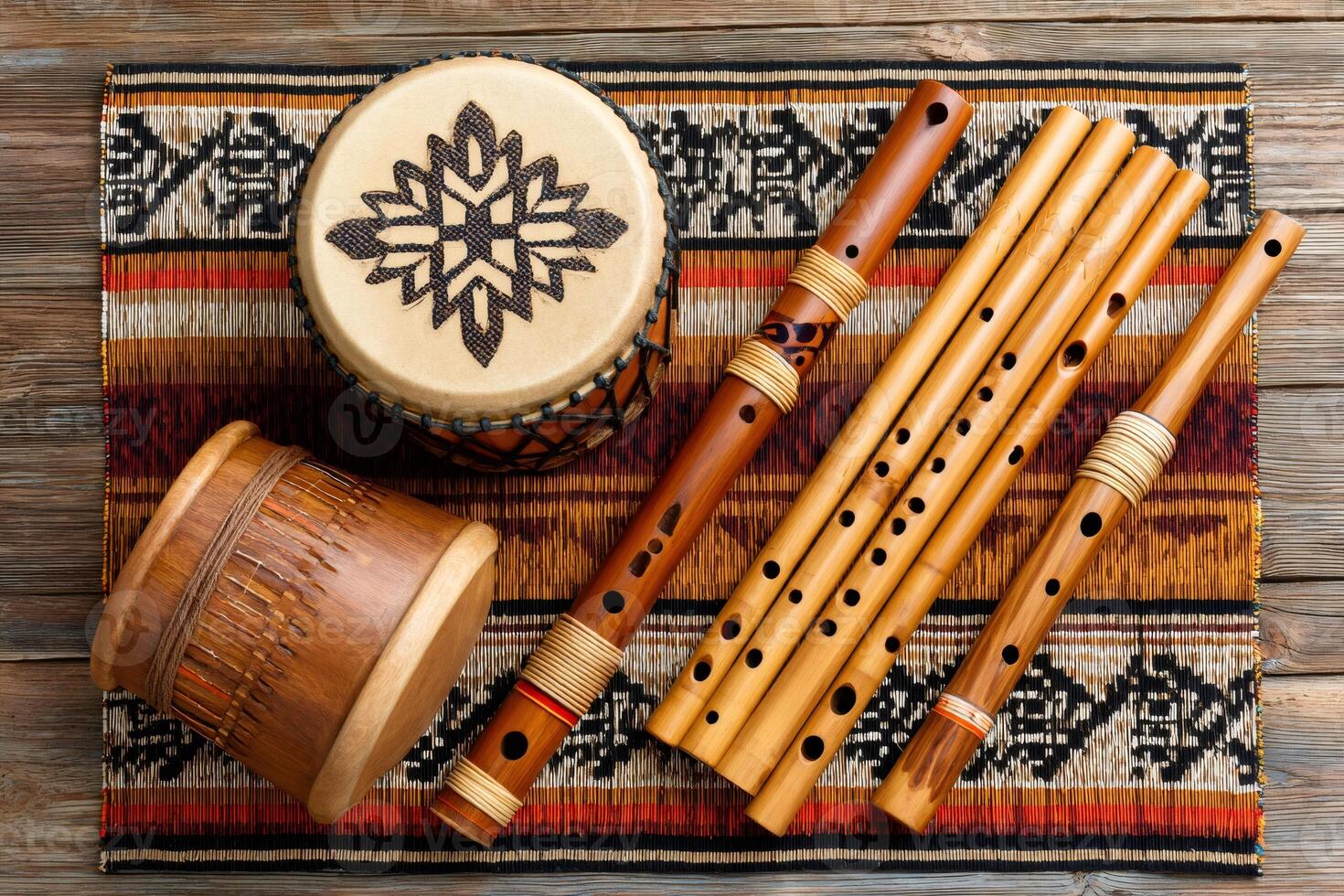 Andean instruments displaying indigenous craftsmanship on wooden table photo