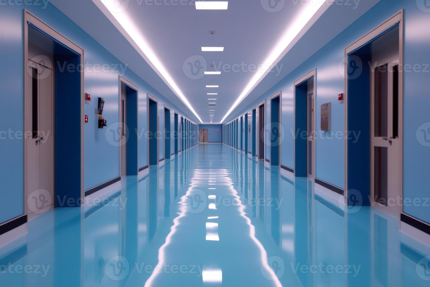 Empty hospital corridor reflecting lights on shiny floor photo