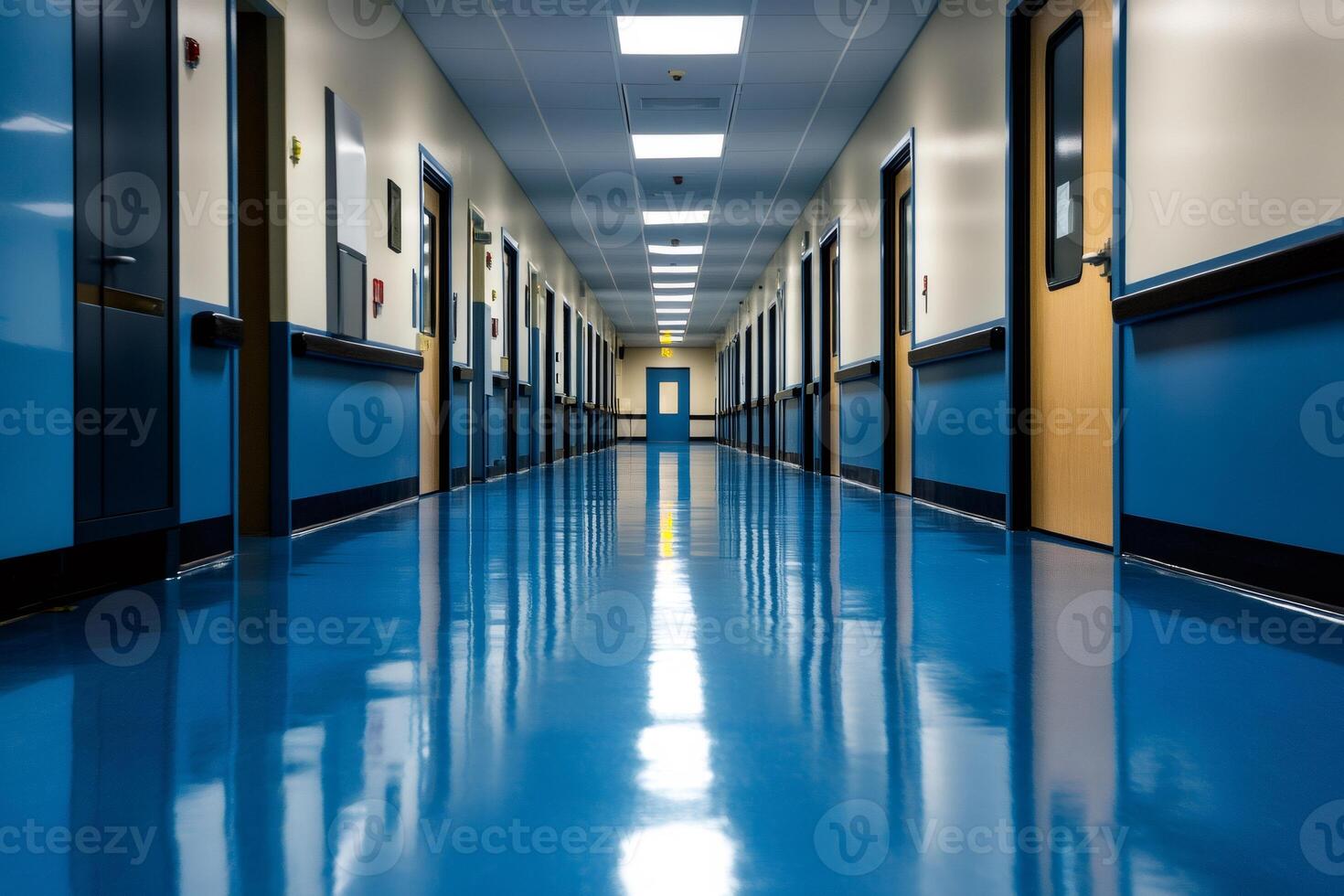 Long empty hospital corridor reflecting lights on shiny blue floor photo