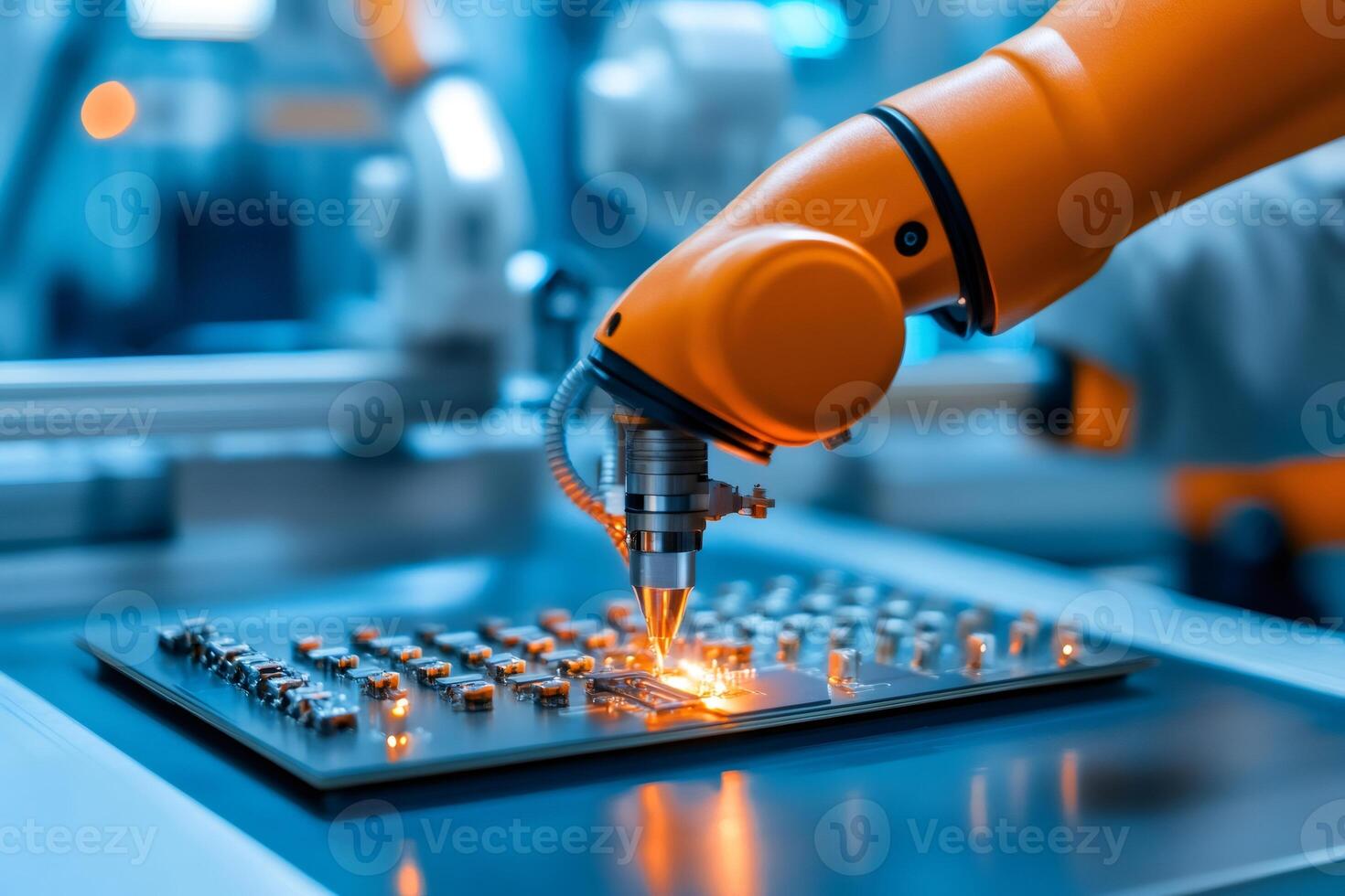 Robotic arm working on circuit board in modern factory.. photo