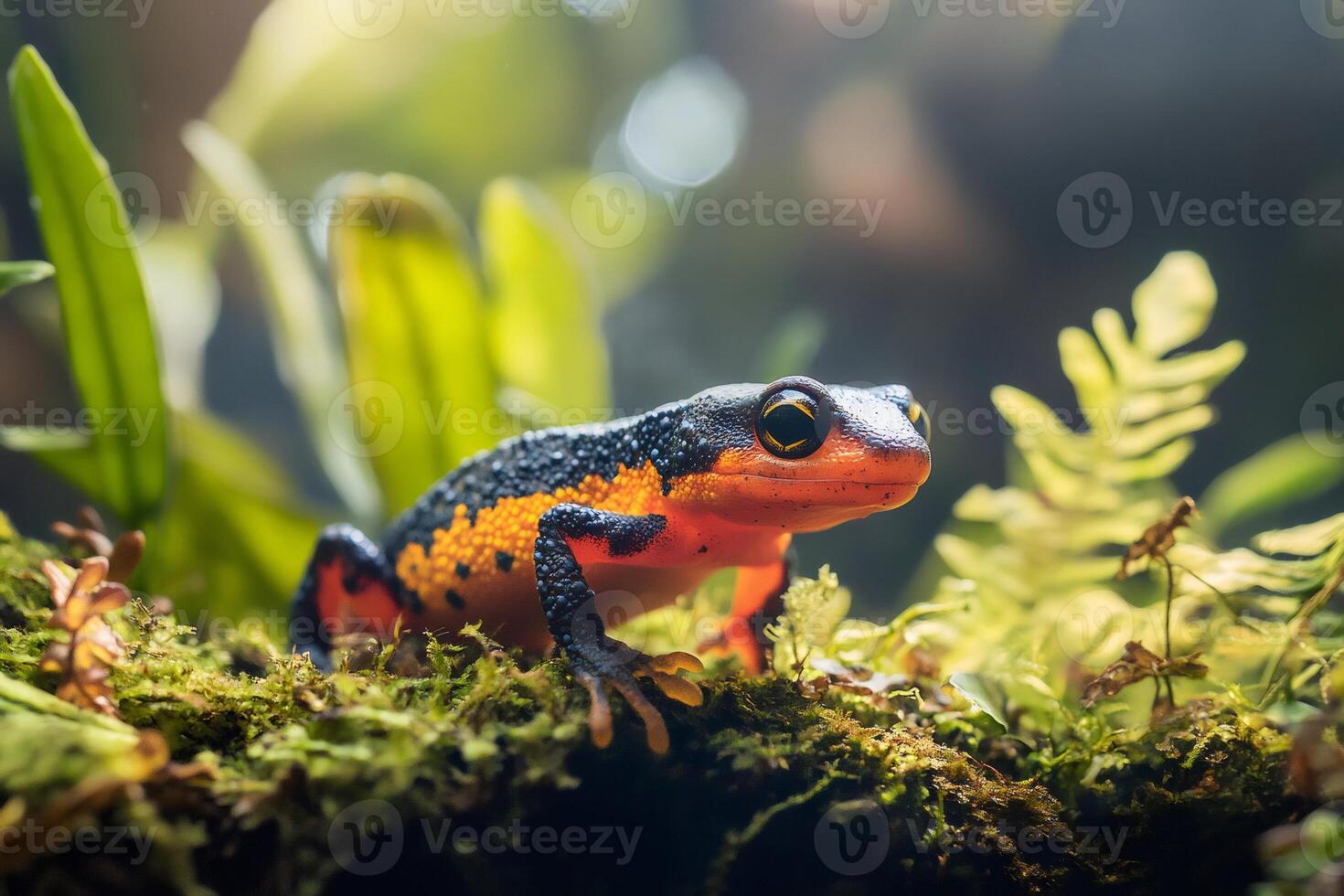 Striking orange and black salamander resting on mossy surface in lush rainforest habitat photo