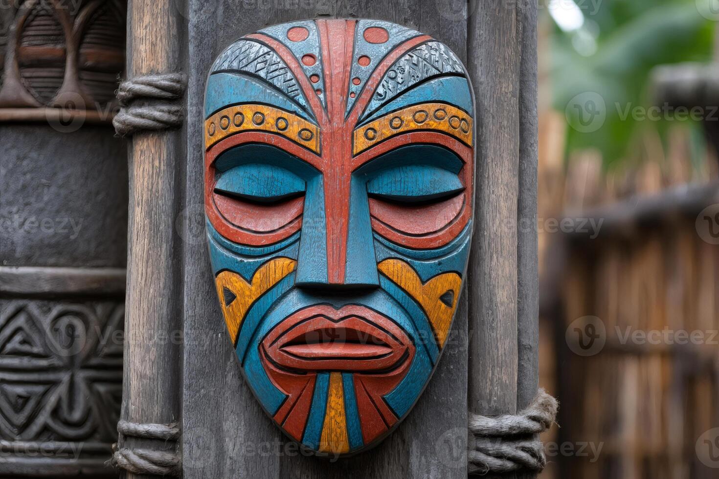 Colorful polynesian tiki mask hanging on wooden post photo