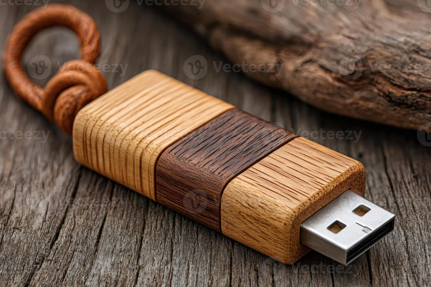 Stylish wooden usb flash drive with leather strap resting on rustic table photo