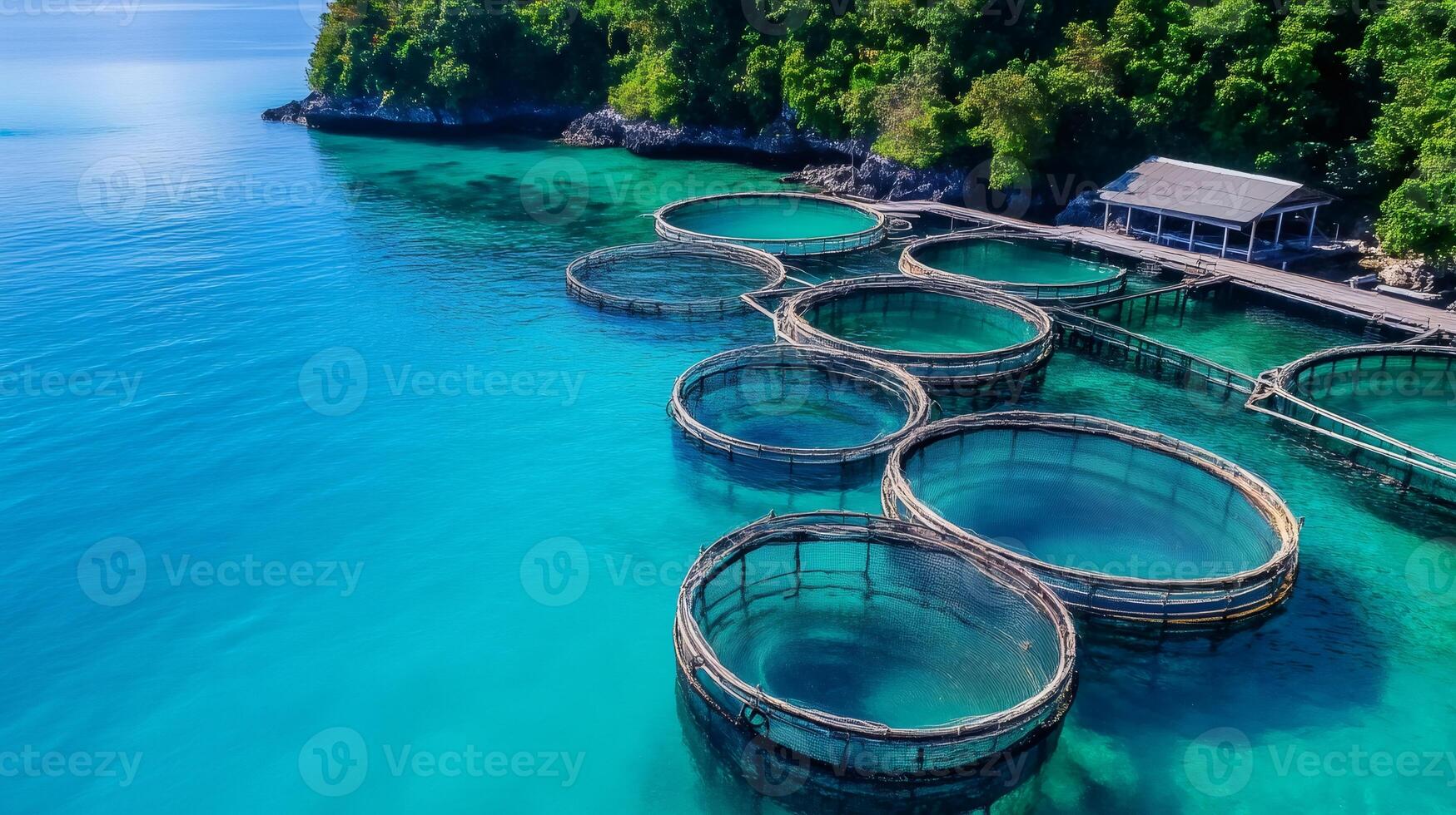 Fish farm in turquoise water near tropical island coastline photo