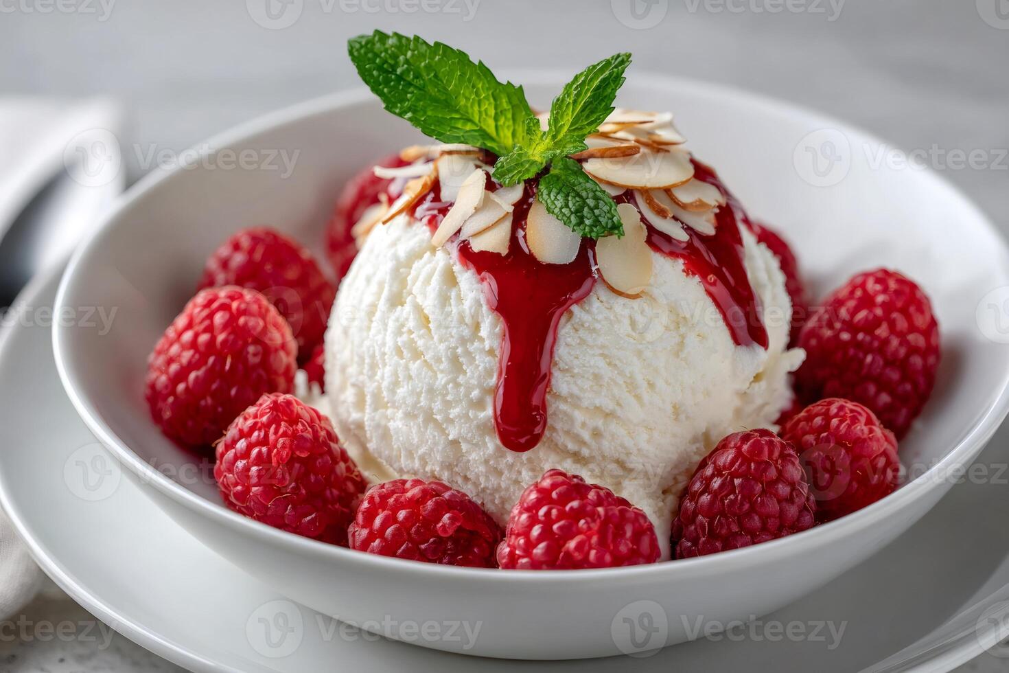 Delicious vanilla ice cream with raspberry syrup, fresh raspberries, almond flakes, and mint leaf photo