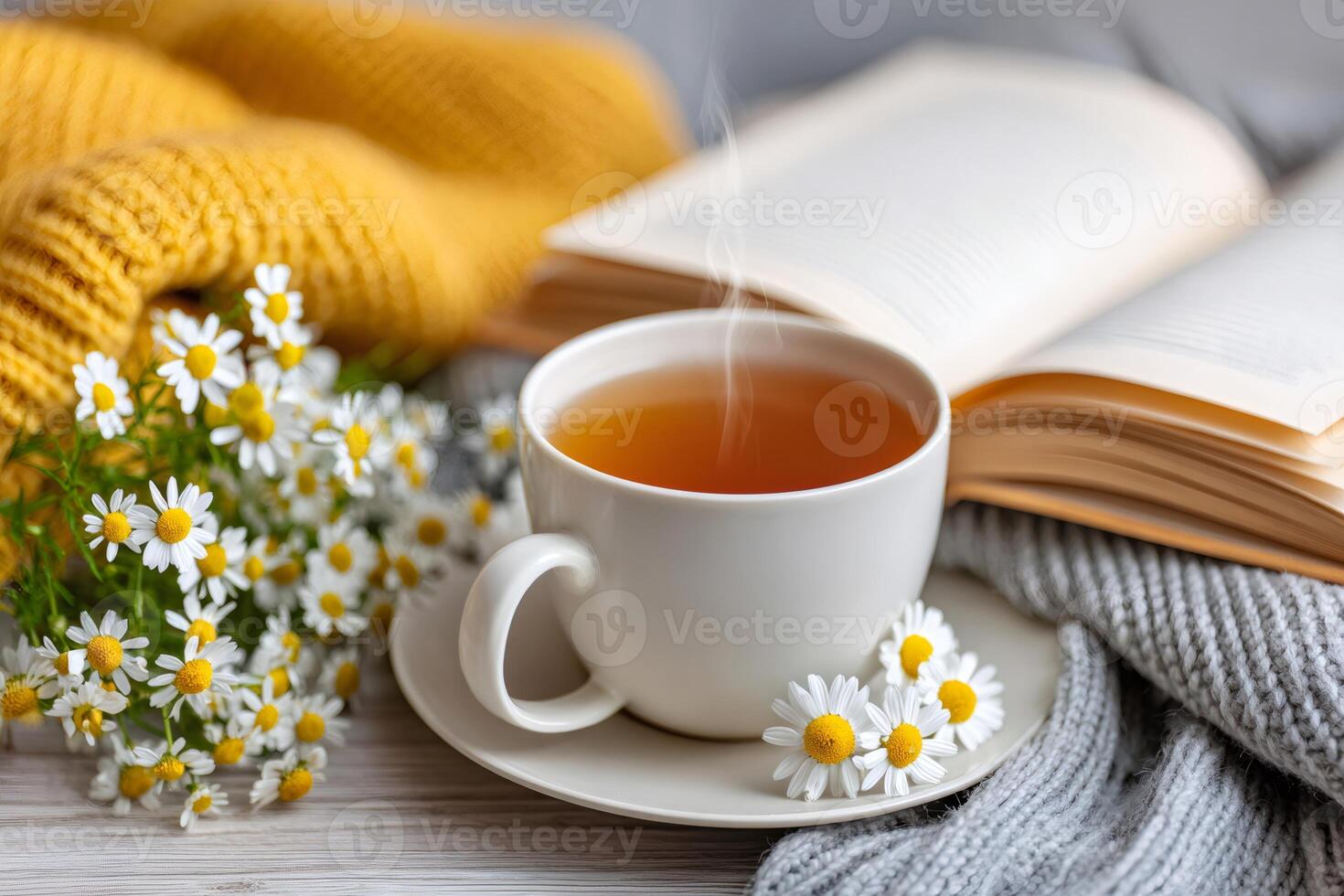 Steaming chamomile tea and open book creating cozy atmosphere photo