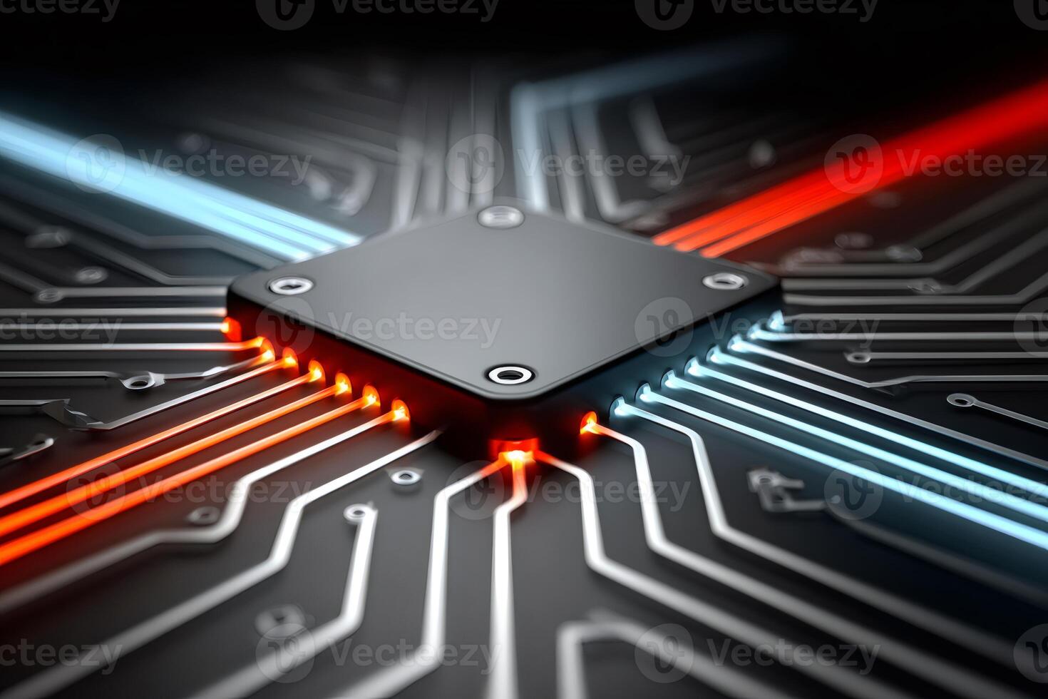 Cpu processing data on motherboard with futuristic glowing connections photo