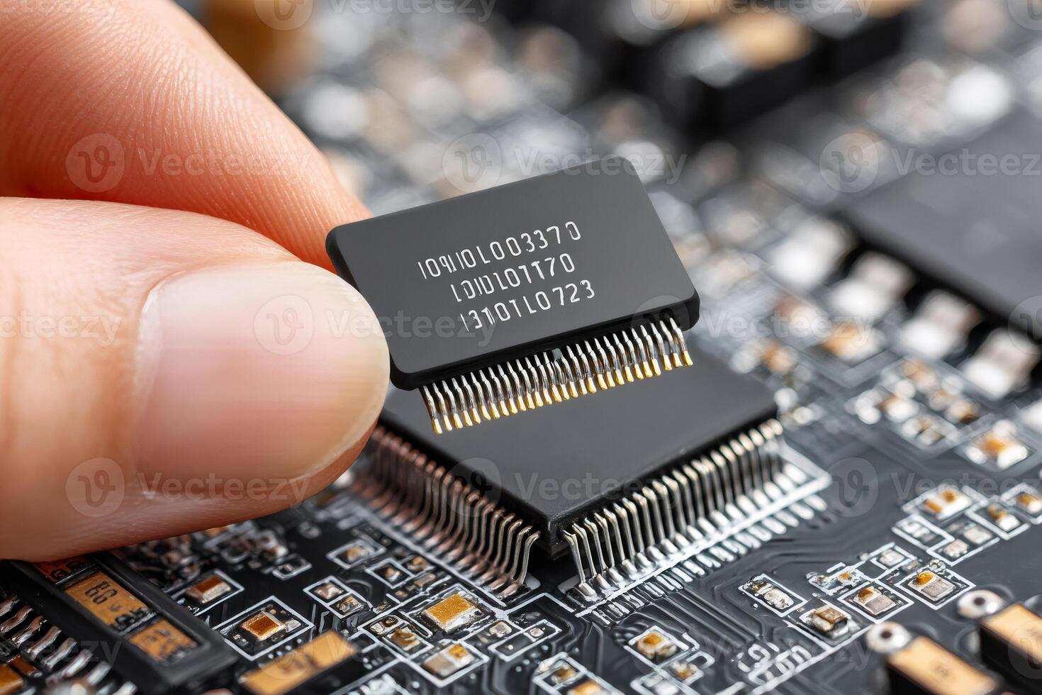 Technician installing microchip on motherboard, close up of electronic components photo