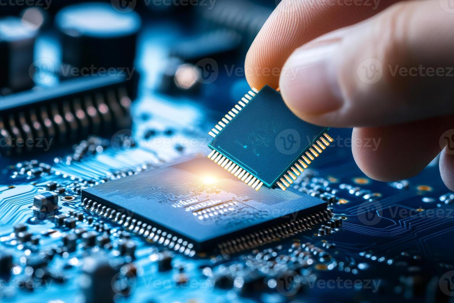 Technician installing microchip on motherboard in electronic circuit photo