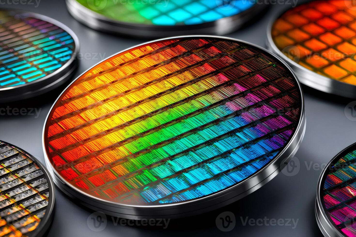 Silicon wafers showing colorful rainbow reflections, representing semiconductor technology photo
