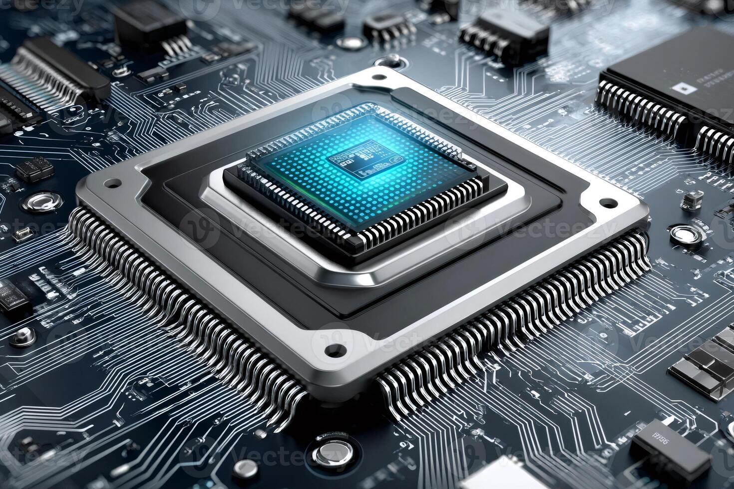 Cpu processing data on motherboard, futuristic technology in action.. photo