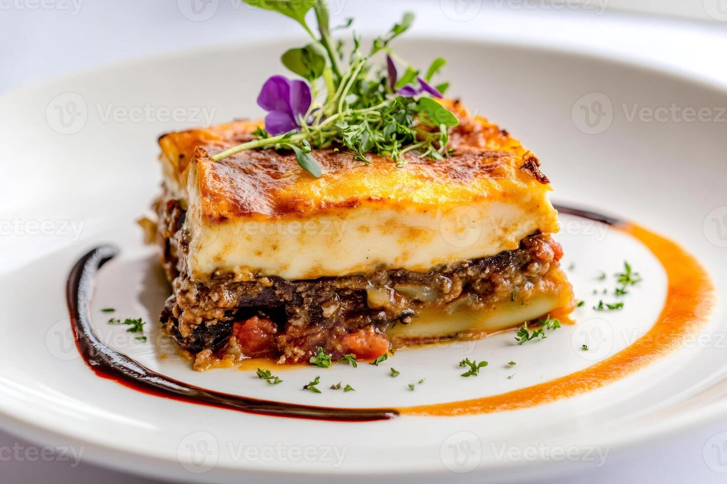 Slice of delicious greek moussaka garnished with fresh herbs on elegant white plate photo