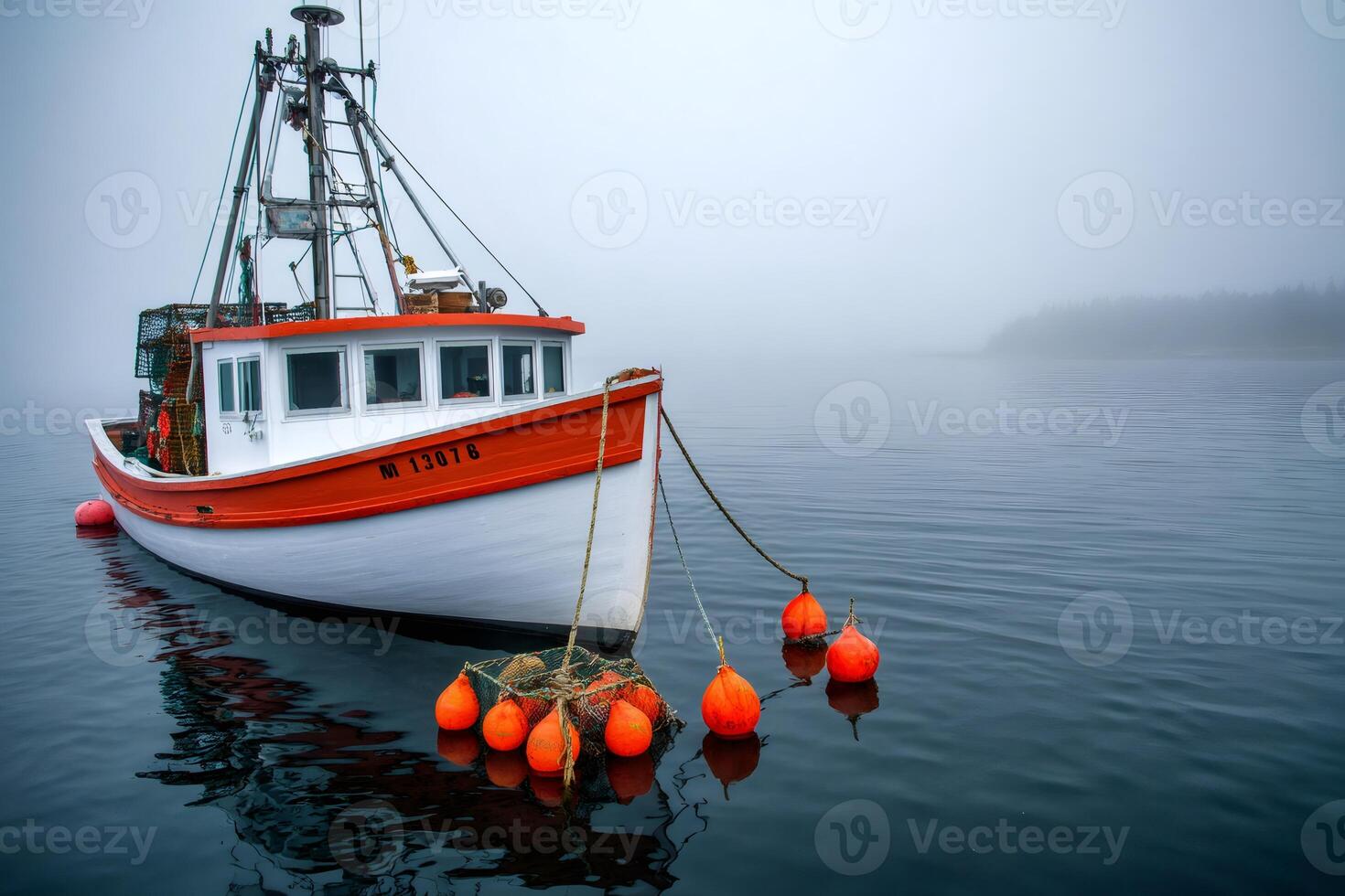 Fishing boat floating on calm water with lobster traps and buoys in foggy morning photo
