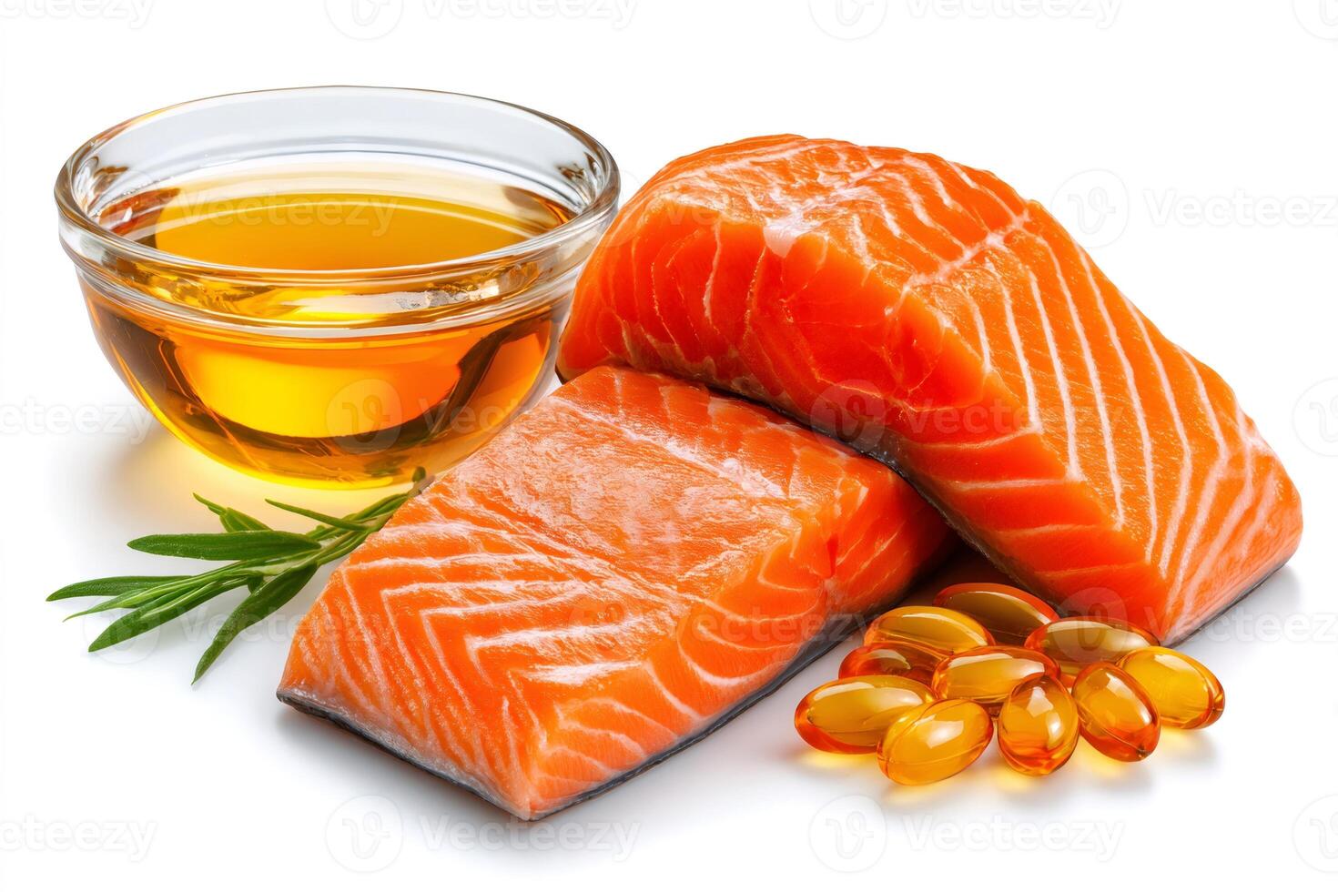 Fresh salmon fillets with fish oil capsules and rosemary enhancing healthy fats photo