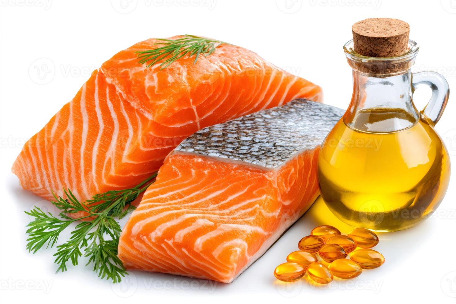Fresh salmon fillets with fish oil capsules and dill on white background photo