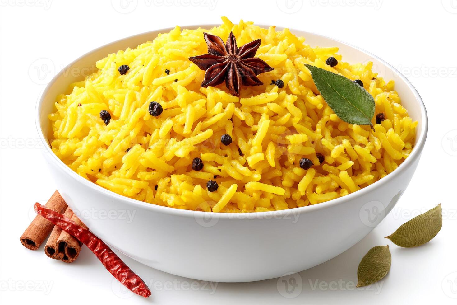 Yellow saffron rice with cinnamon, star anise, bay leaf and peppercorns in white bowl photo