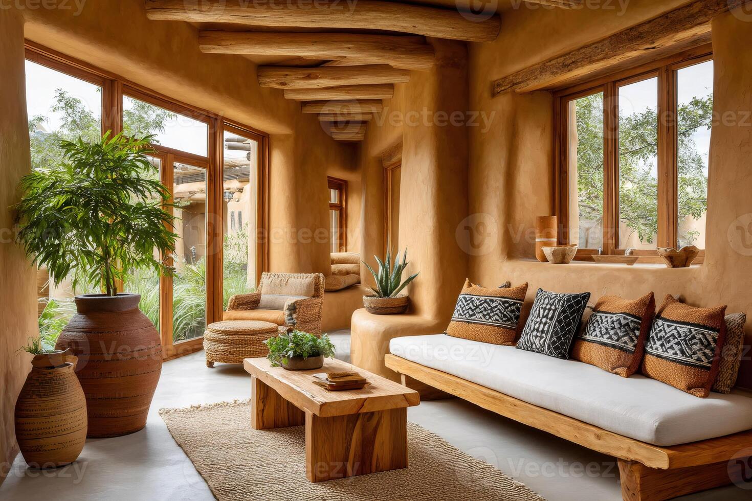Elegant earthy living room showcasing natural materials and wooden furniture photo