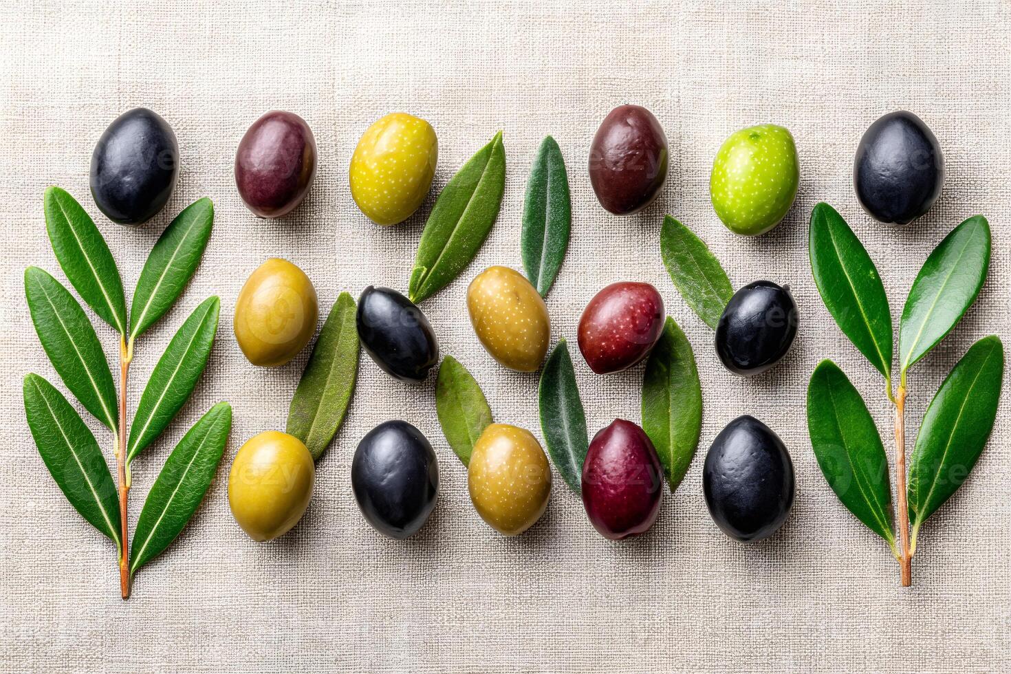 Freshly picked olives and olive branches creating a colorful pattern on linen cloth photo