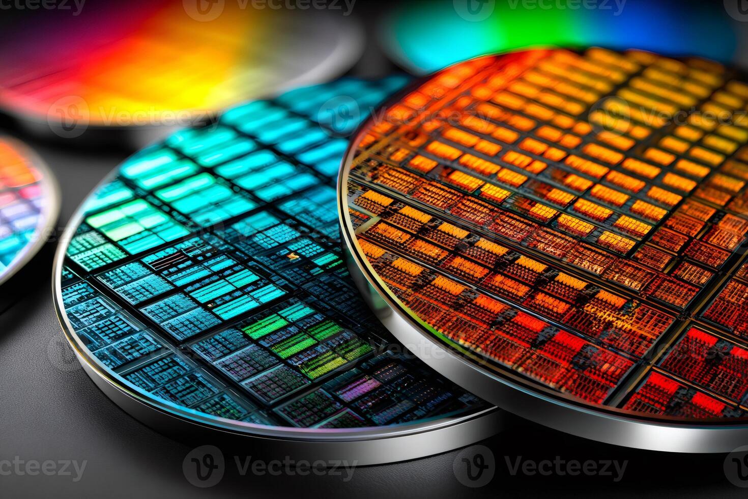 Semiconductor wafers showing complex circuitry illuminating future technologies photo