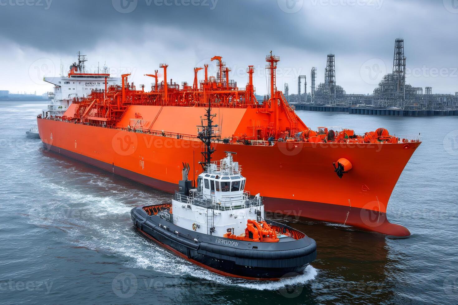 Tugboat escorting large lng tanker ship at industrial port photo