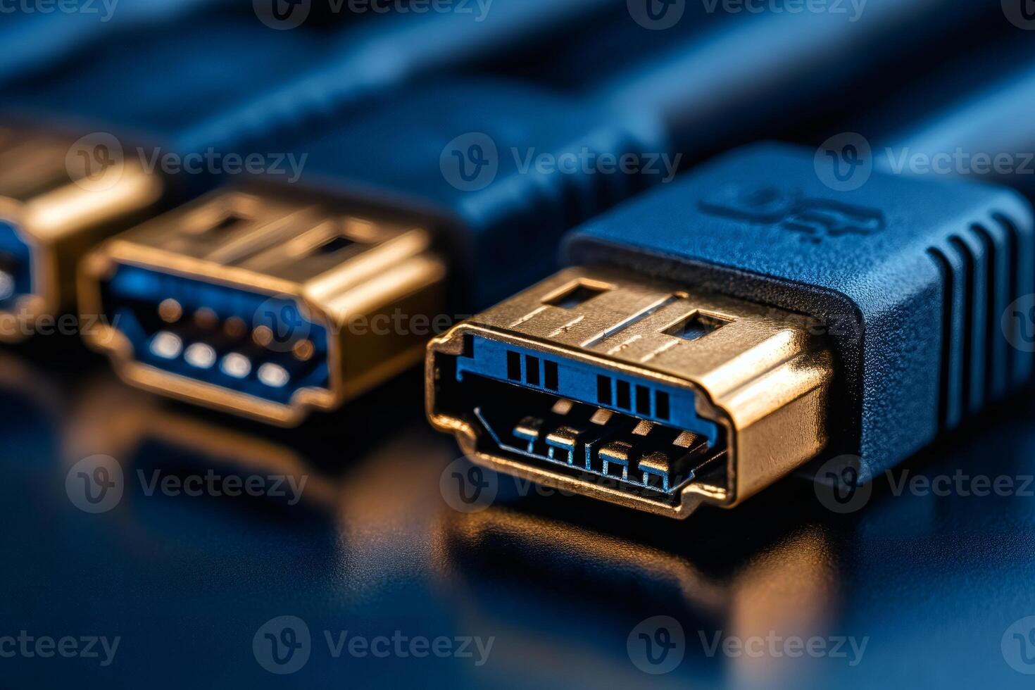 Close up of golden plugs connecting devices on dark background photo