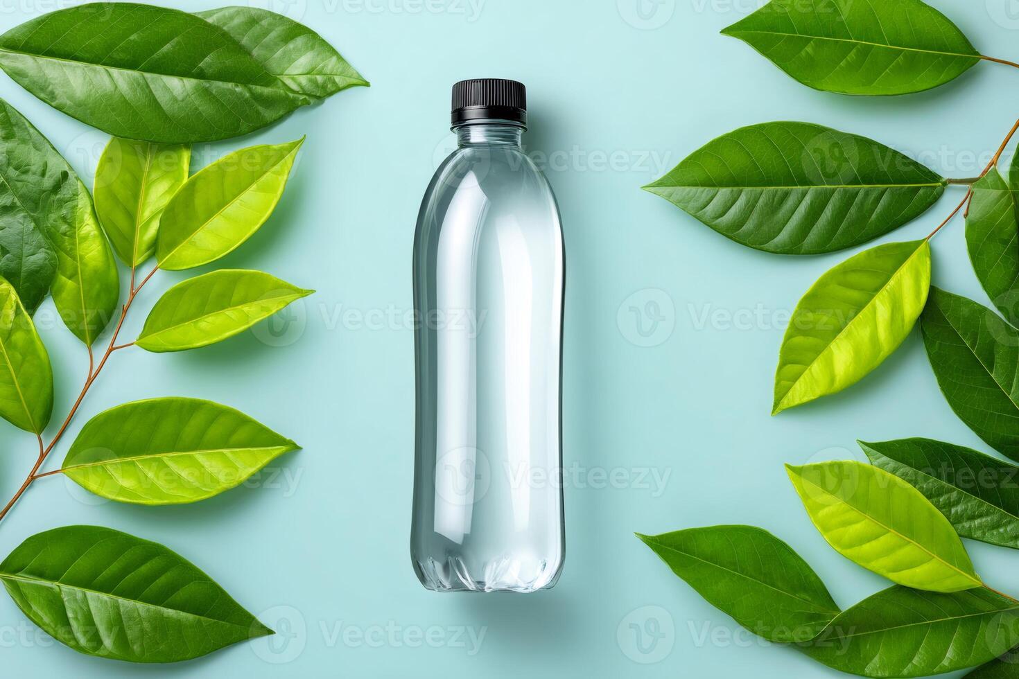 Transparent plastic water bottle surrounded by green leaves promoting environmental awareness photo