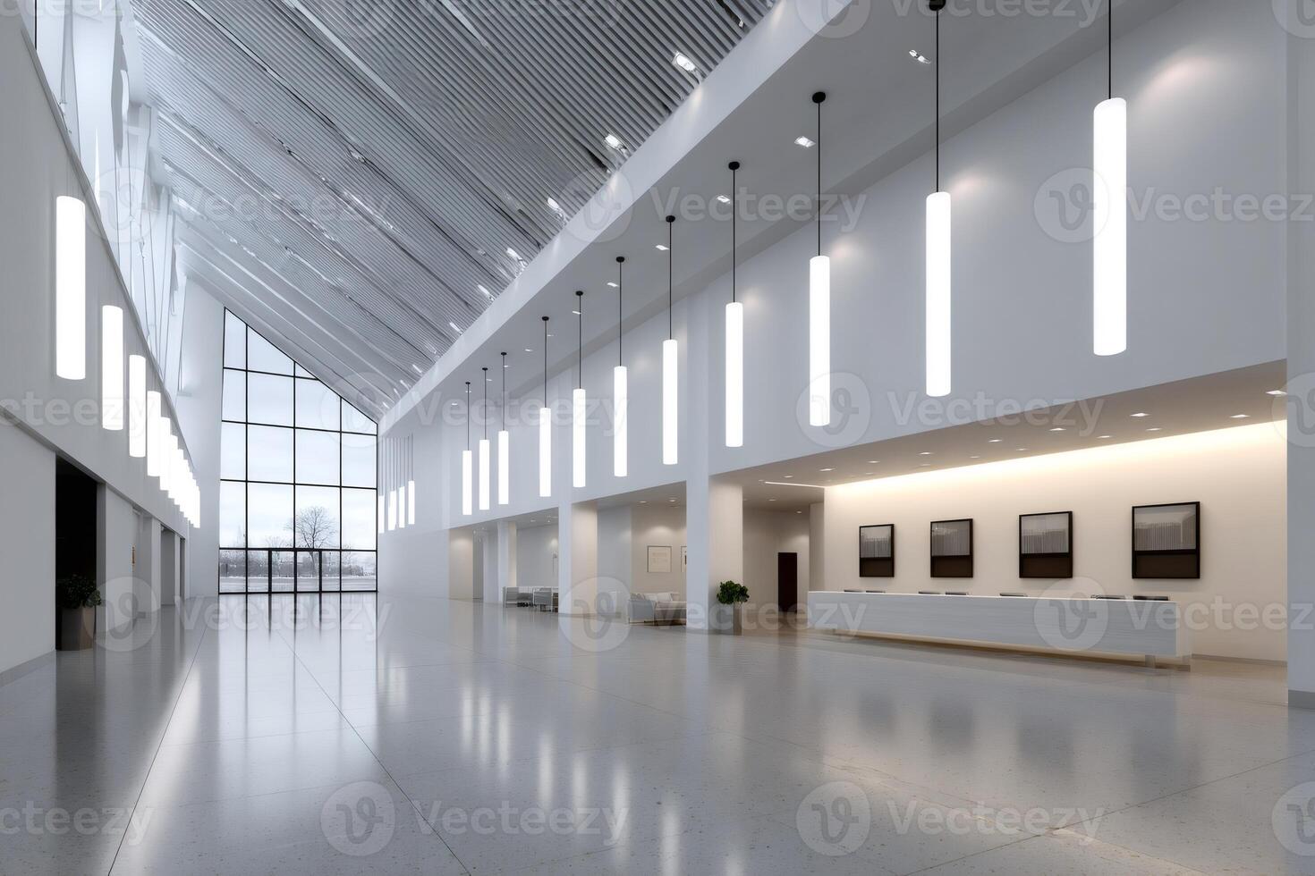 Modern building lobby interior with minimalist design and large windows photo