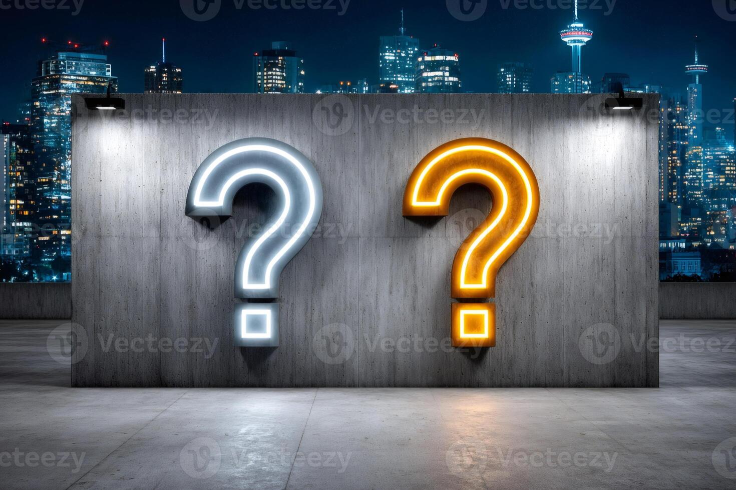Two glowing question marks hanging on concrete wall in city at night photo