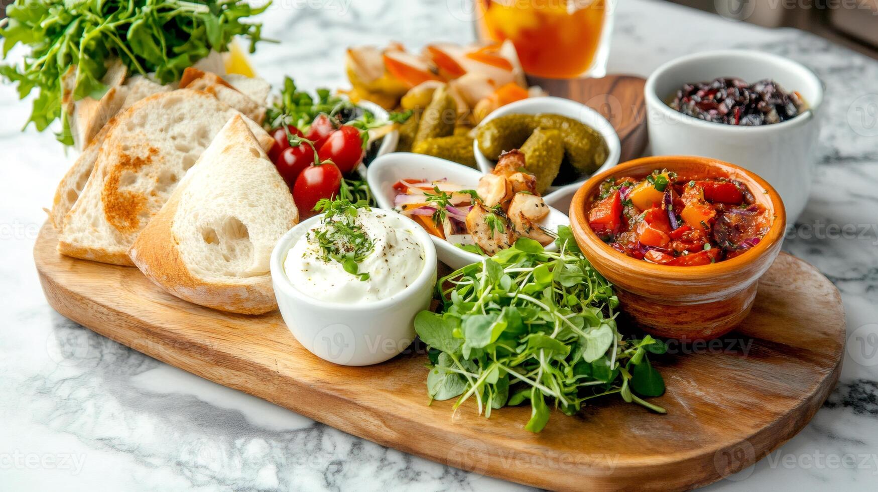 Sharing platter presenting variety of delicious dishes with toasted bread photo