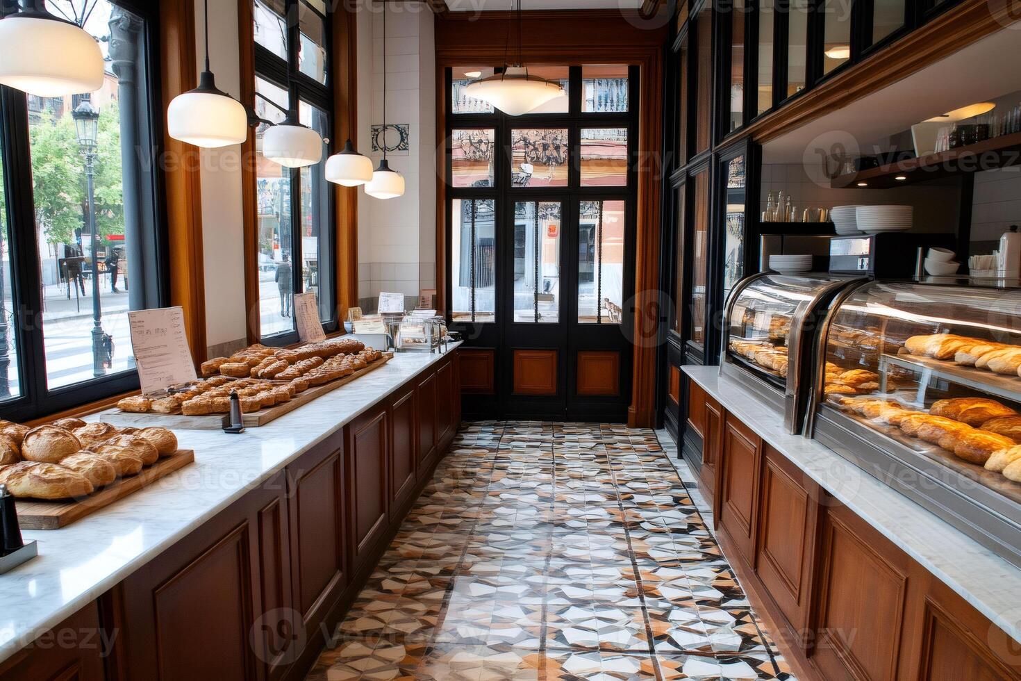 Modern bakery interior design with displaying bread and pastries photo