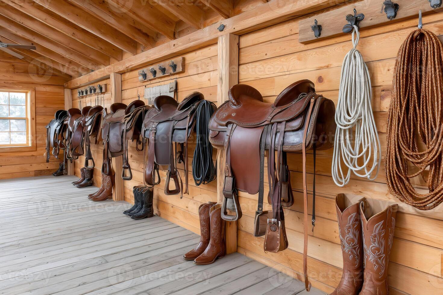 Leather saddles and cowboy boots hanging in wooden tack room photo