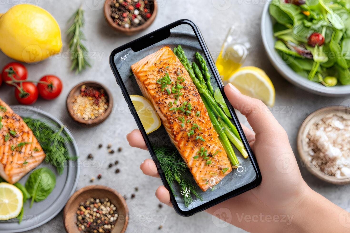 Food blogger taking photo of delicious grilled salmon, asparagus, and lemon with smartphone