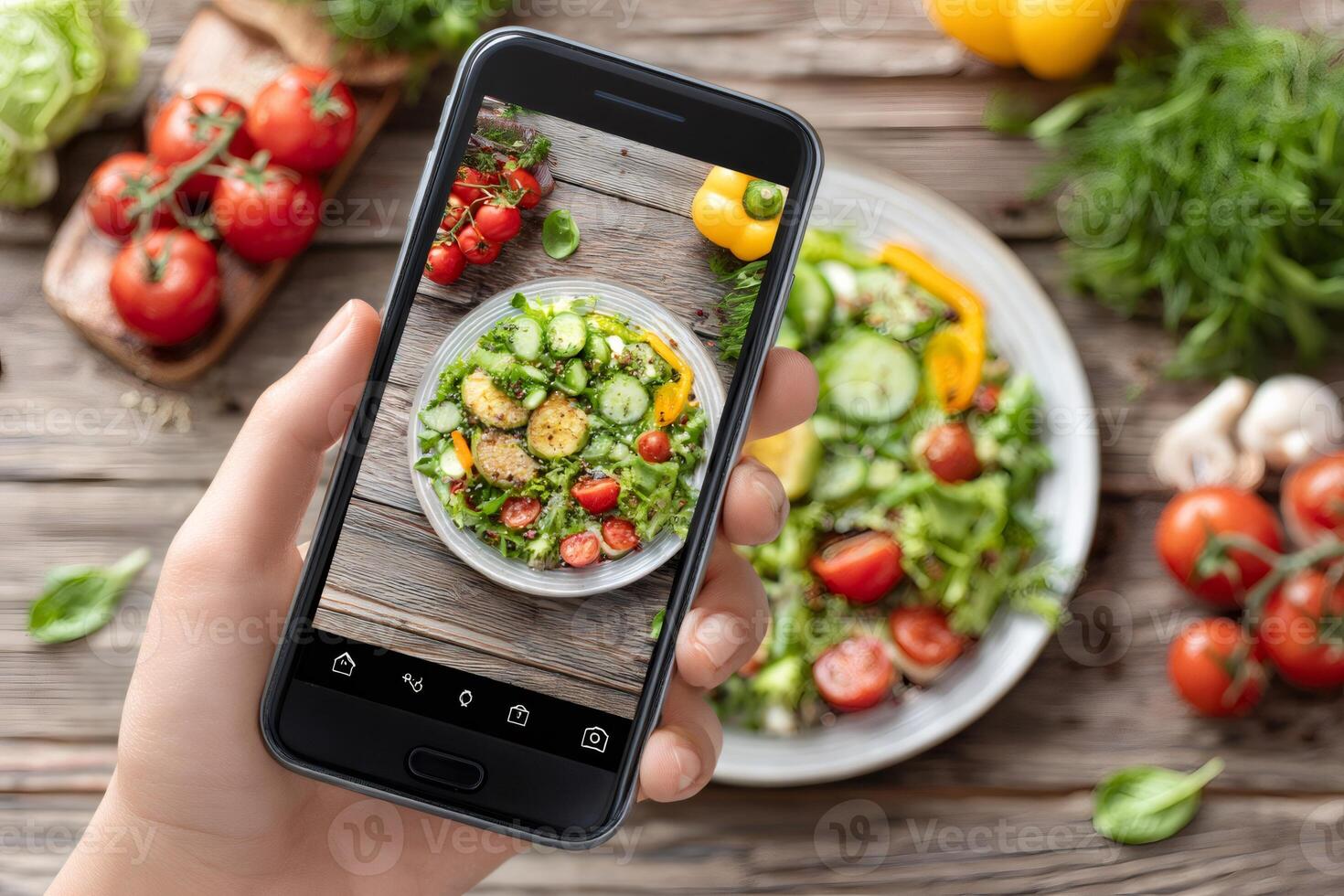 Food blogger taking photo of fresh vegan salad with mobile phone