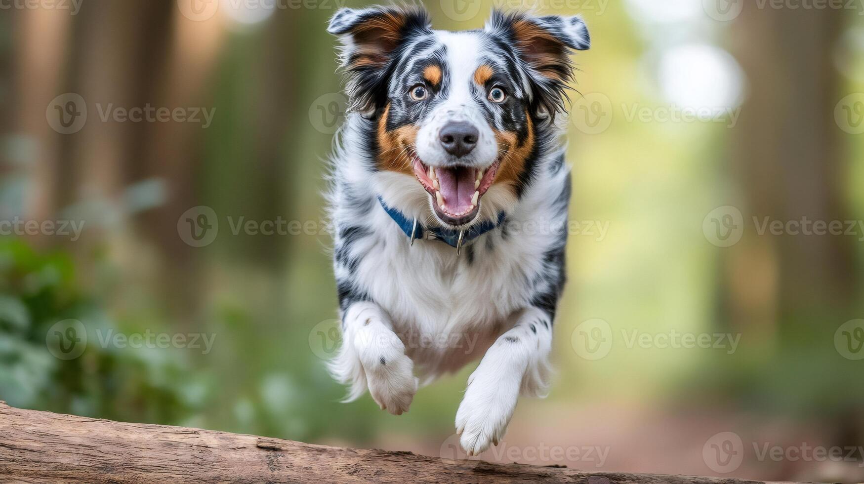 Australian shepherd dog jumping over log in forest photo