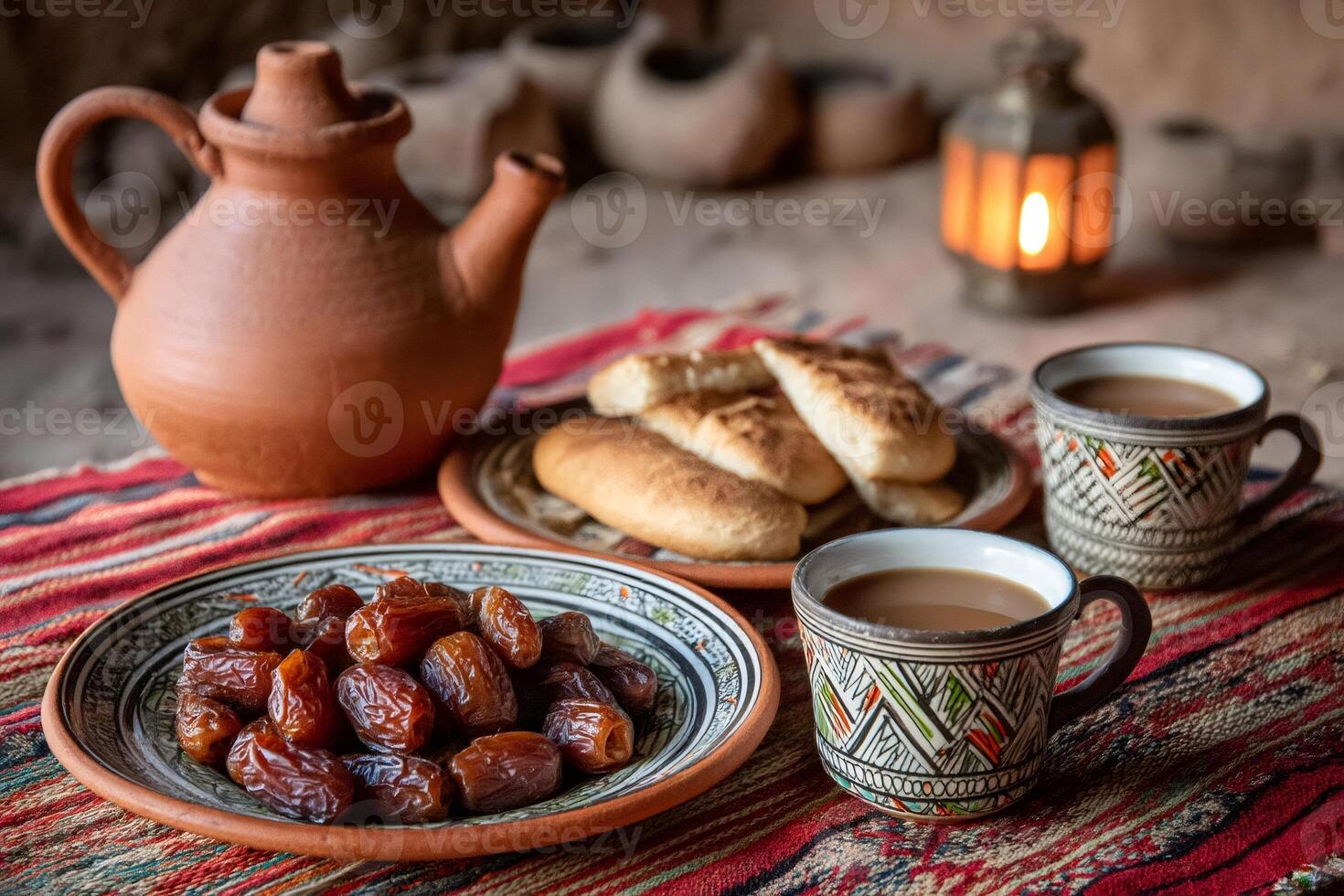 Enjoying traditional arabic coffee, dates, and bread with clay teapot and lantern photo