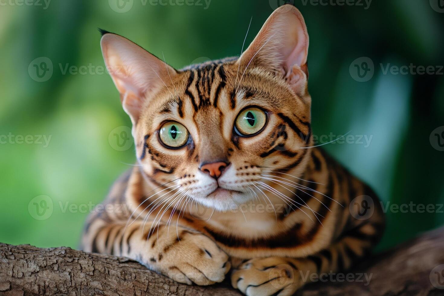 Bengal cat relaxing on tree branch, showing its curiosity photo