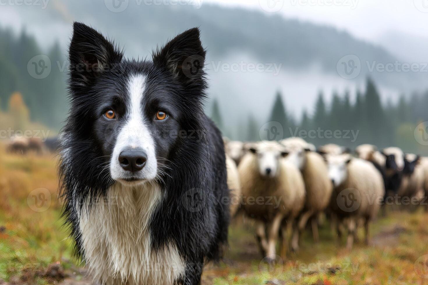 Border collie herding sheep in misty mountains photo