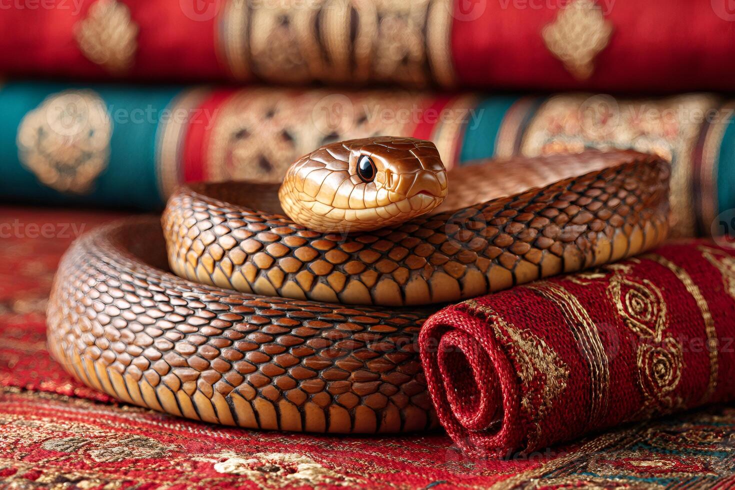 Brown snake resting on luxurious oriental carpets photo
