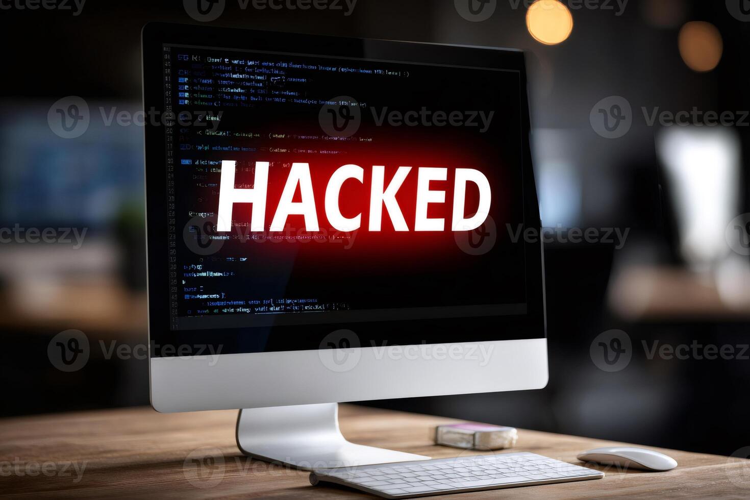 Computer monitor showing hacked message during cyberattack in office photo