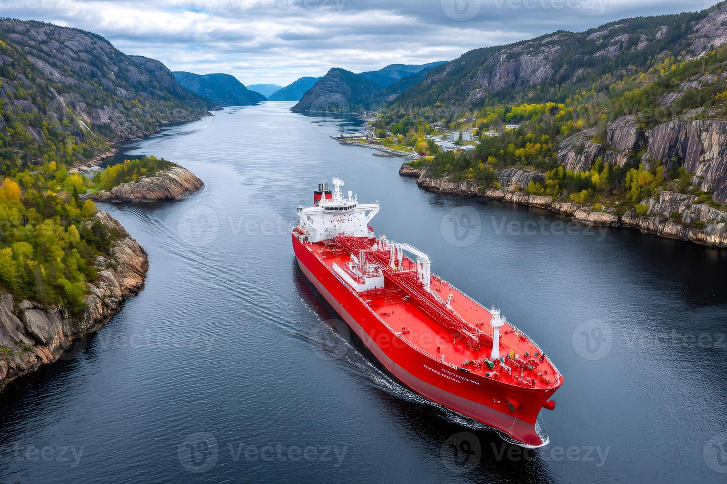 Red tanker ship sailing on fjord, norway, aerial view photo