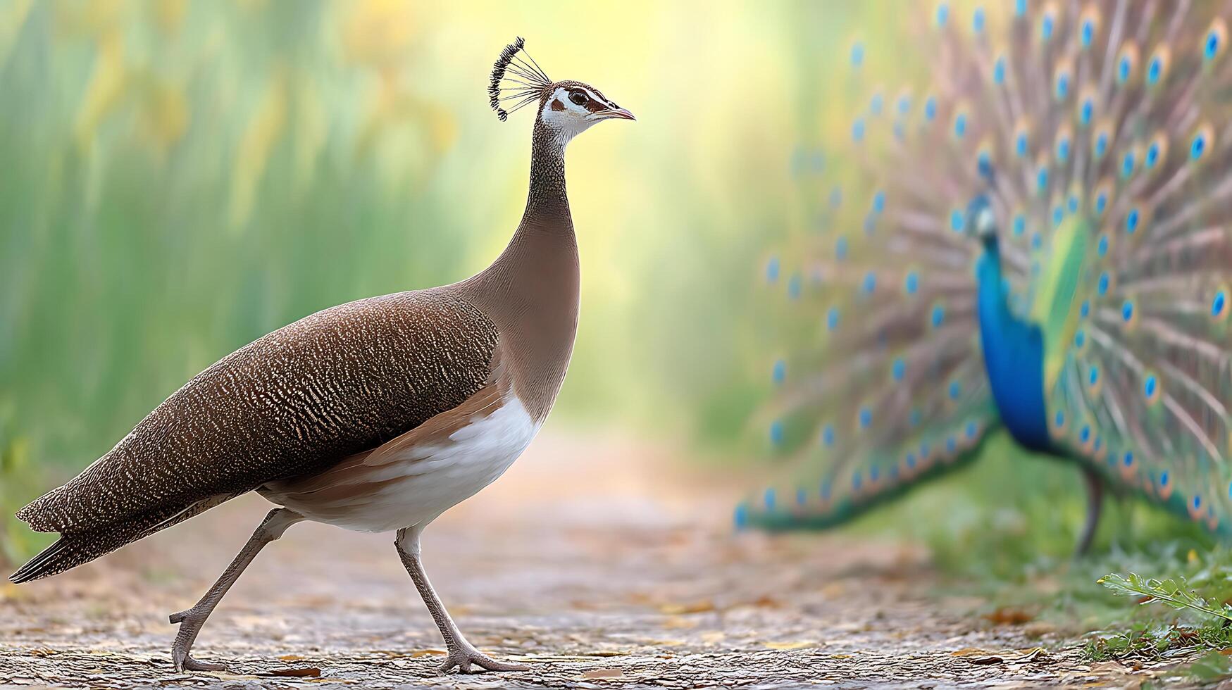 A peacock walking on a path photo