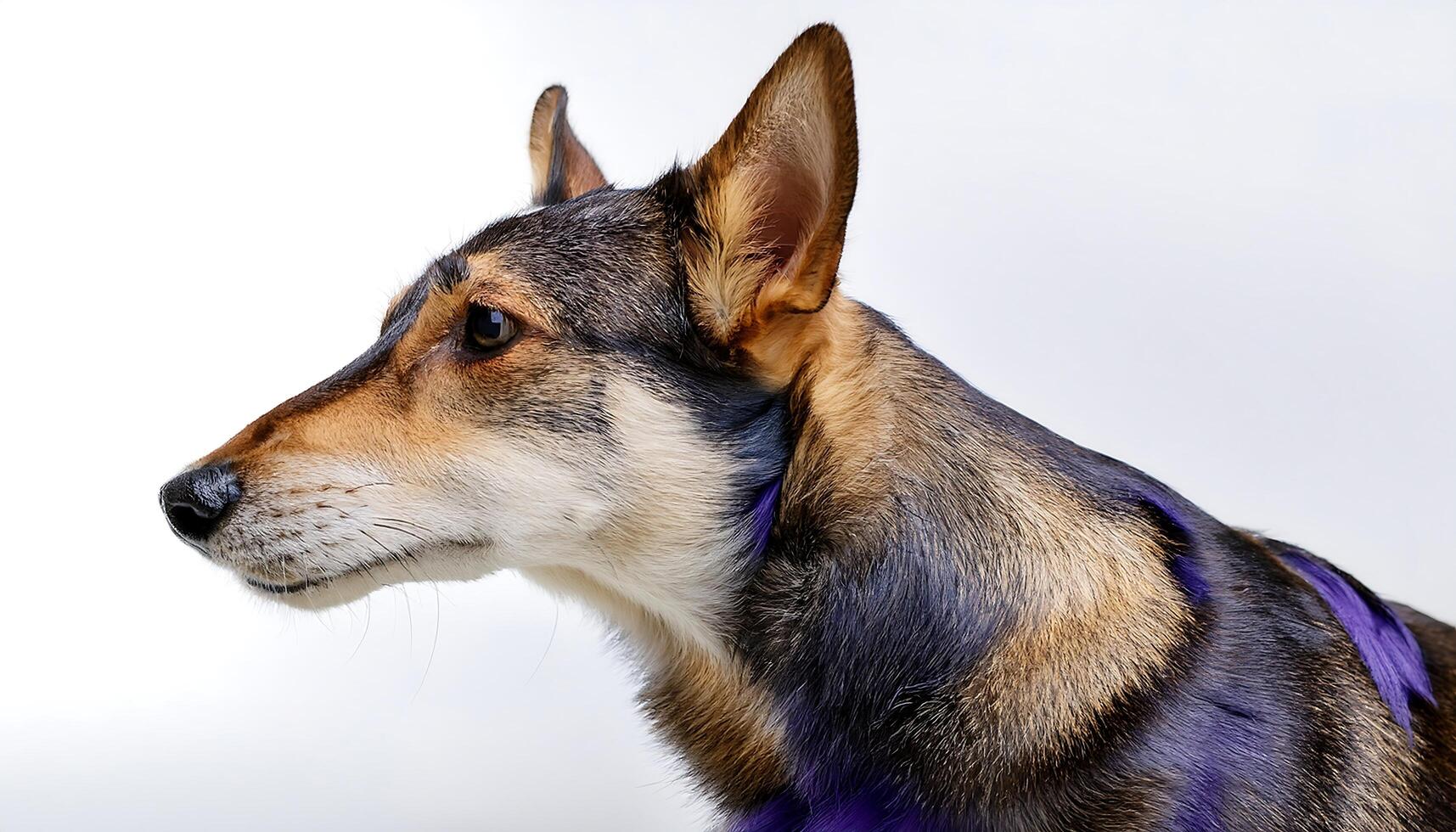 A dog with purple hair and a purple collar photo