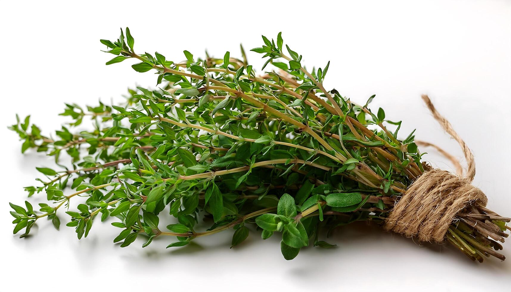 A bundle of fresh herbs tied with twine photo