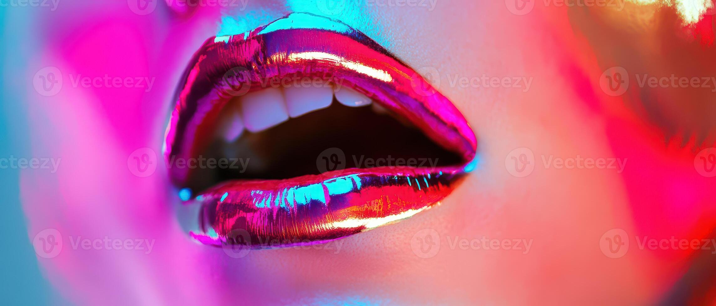Bright lips reflecting colorful lights at a party photo