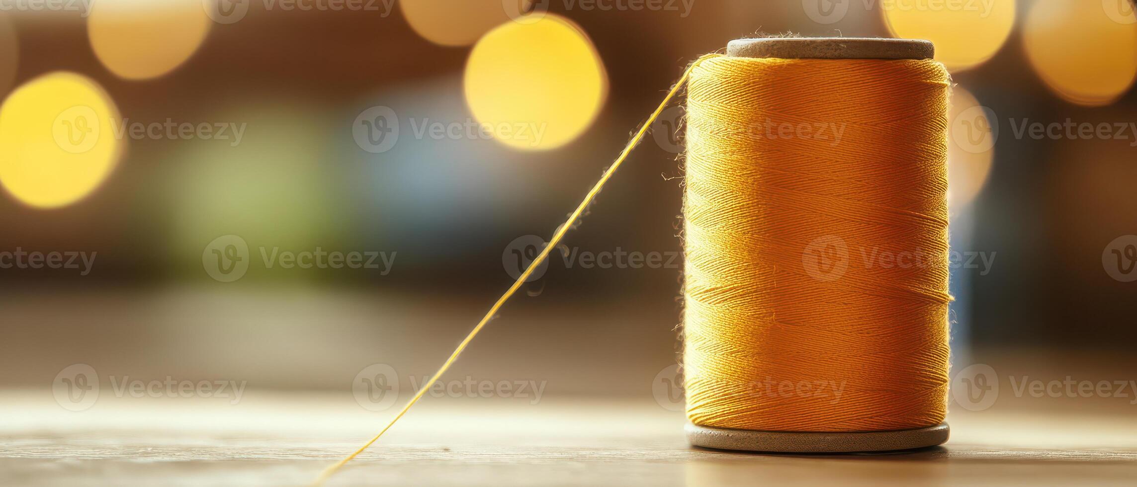 Bright yellow spool of thread on a table surface photo