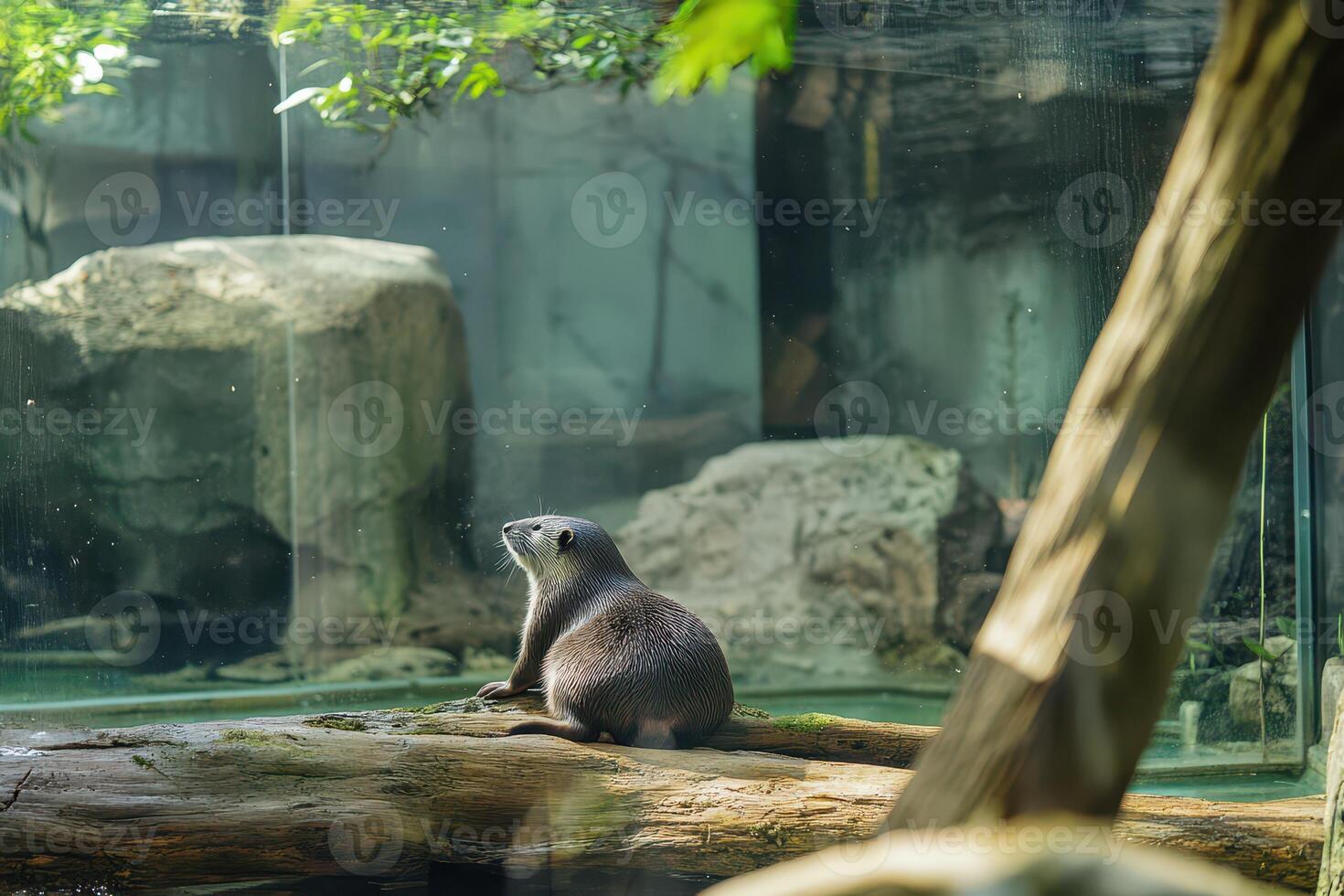 Otter resting near water at a zoo exhibit photo