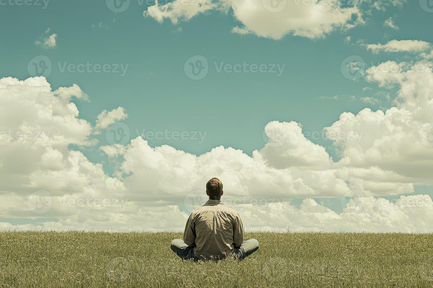 Meditation in an open field under bright sky photo