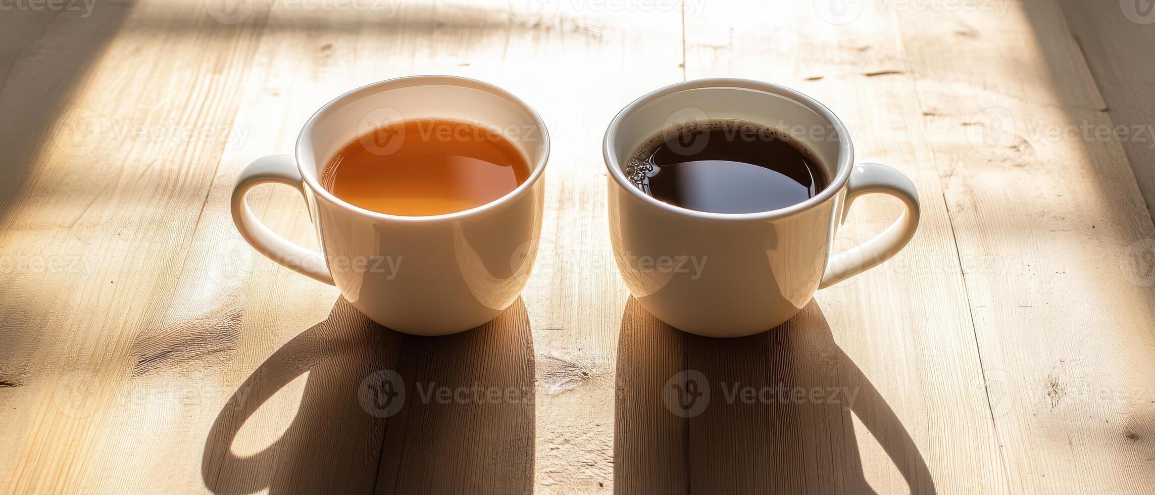 Tea and coffee on a sunlit table photo