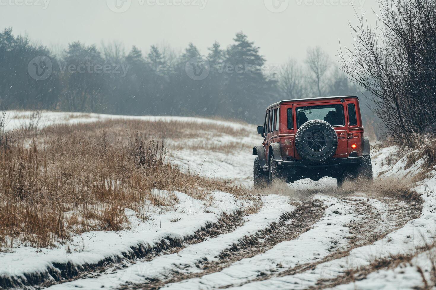 Off road adventure in snowy wilderness landscape photo