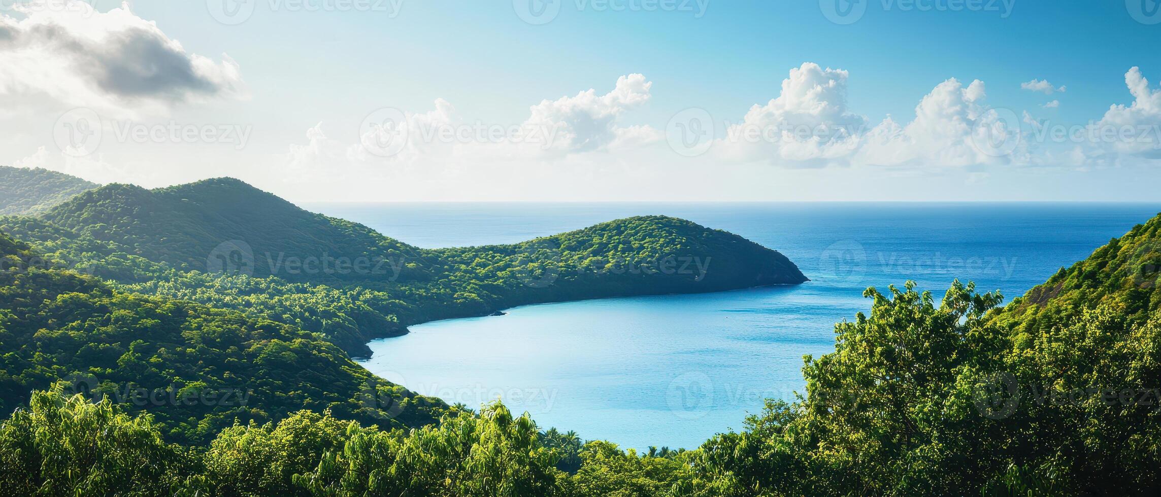 Serene coastal view of green hills and ocean photo
